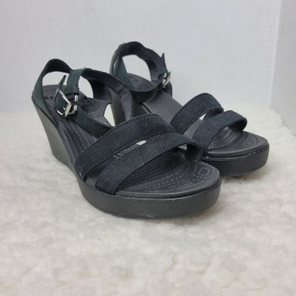 Crocs Leigh II Women's Ankle Strap Wedge Sandal Black - Picture 1 of 6